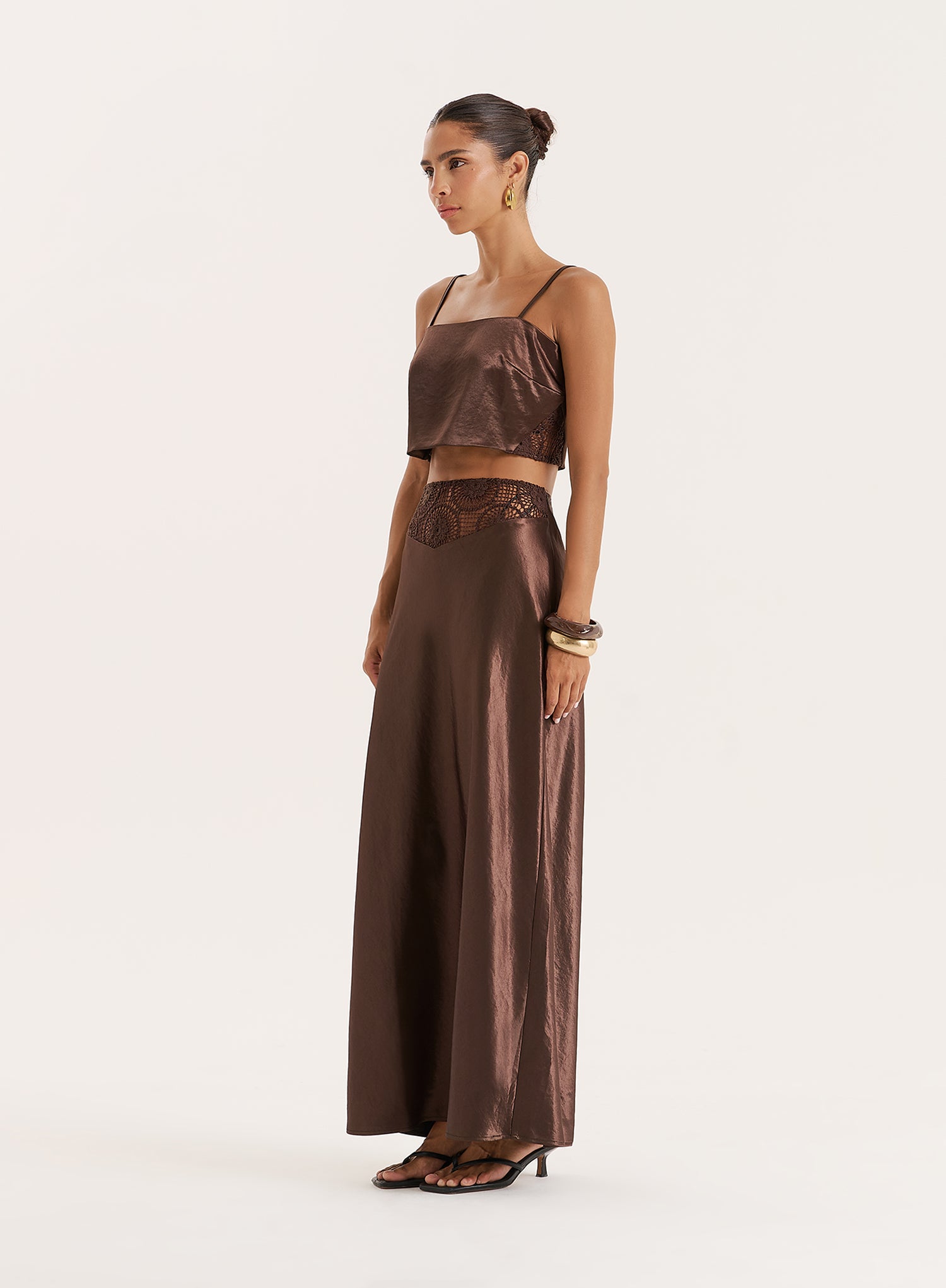 Chocolate Satin Crochet Panelled Maxi Skirt